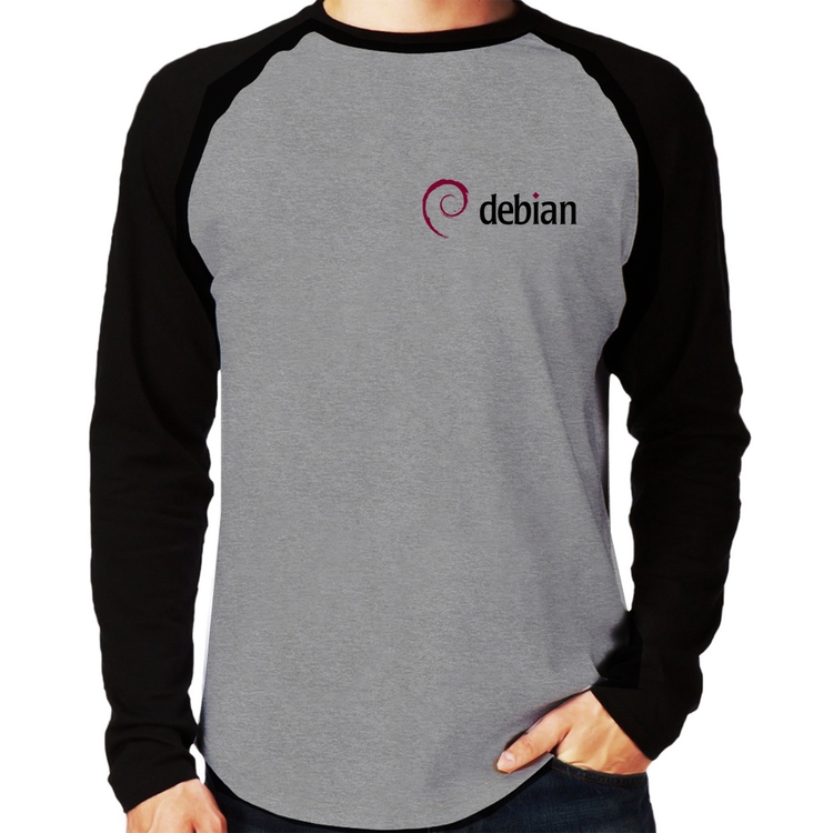 Camiseta Raglan Debian Linux Manga Longa - Cinza/Preto