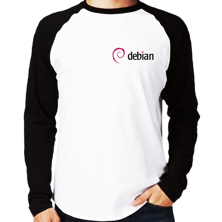 Camiseta Raglan Debian Linux Manga Longa