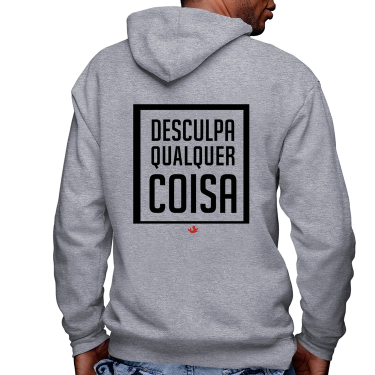 Blusa Moletom Desculpa Qualquer Coisa Masculina com Capuz e Zíper - Mescla
