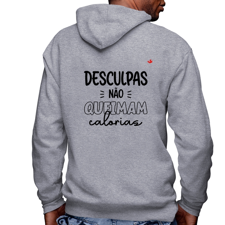 Blusa Moletom Desculpas não queimam calorias Masculina com Capuz e Zíper - Mescla