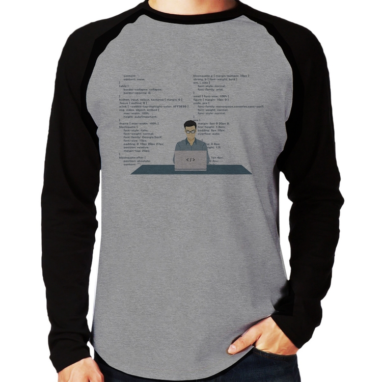 Camiseta Raglan Desenvolvedor Front-end CSS Manga Longa - Cinza/Preto