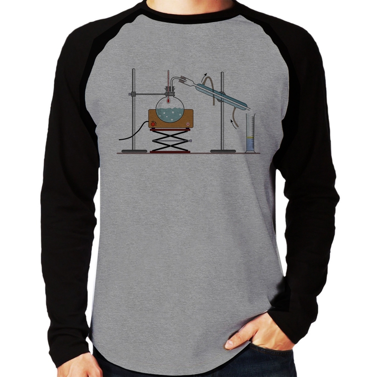 Camiseta Raglan Destilação Química Manga Longa - Cinza/Preto