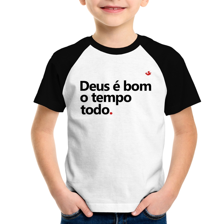 Camiseta Raglan Infantil Deus é bom o tempo todo