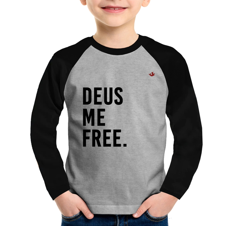 Camiseta Raglan Infantil Deus me free Manga Longa - Cinza/Preto