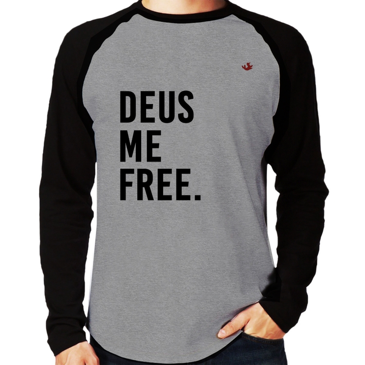Camiseta Raglan Deus me free Manga Longa - Cinza/Preto