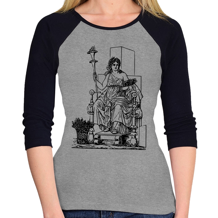 Baby Look Raglan Deusa Ceres Manga 3/4 - Cinza/Preto