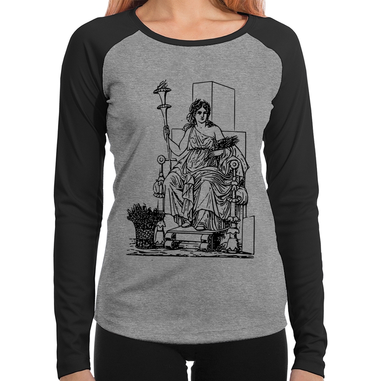 Baby Look Raglan Deusa Ceres Manga Longa - Cinza/Preto