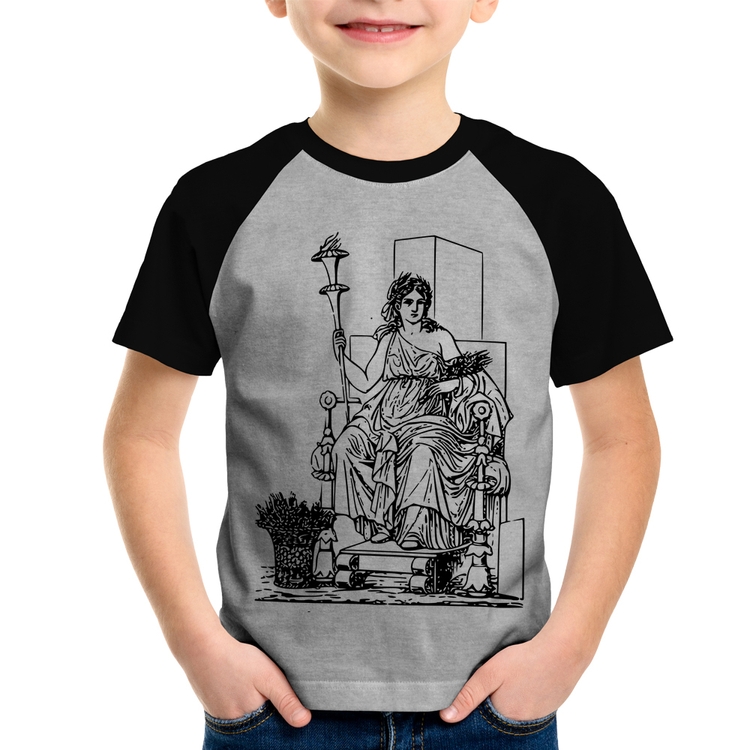 Camiseta Raglan Infantil Deusa Ceres - Cinza/Preto