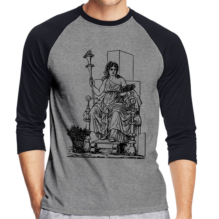 Camiseta Raglan Deusa Ceres Manga 3/4 - Cinza/Preto