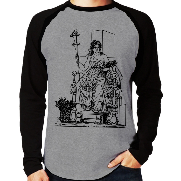 Camiseta Raglan Deusa Ceres Manga Longa - Cinza/Preto