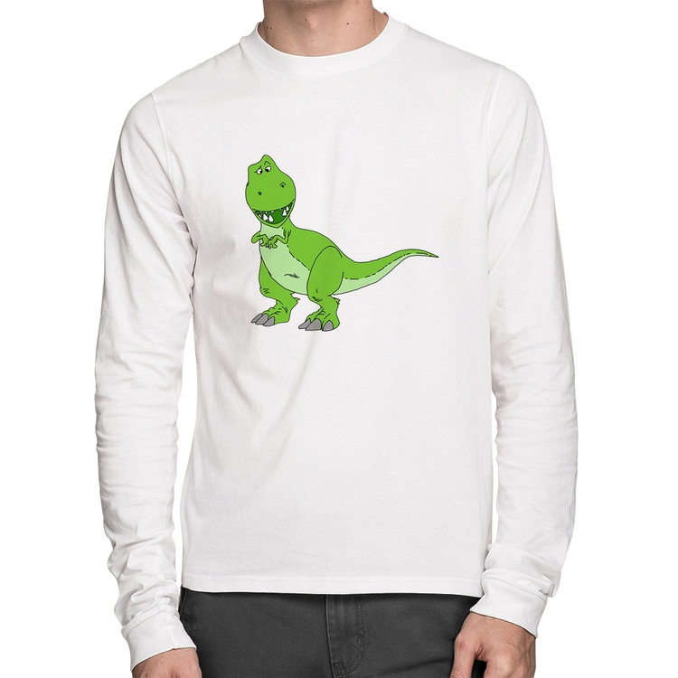 Camiseta Algodão Dinossauro Manga Longa - Branca