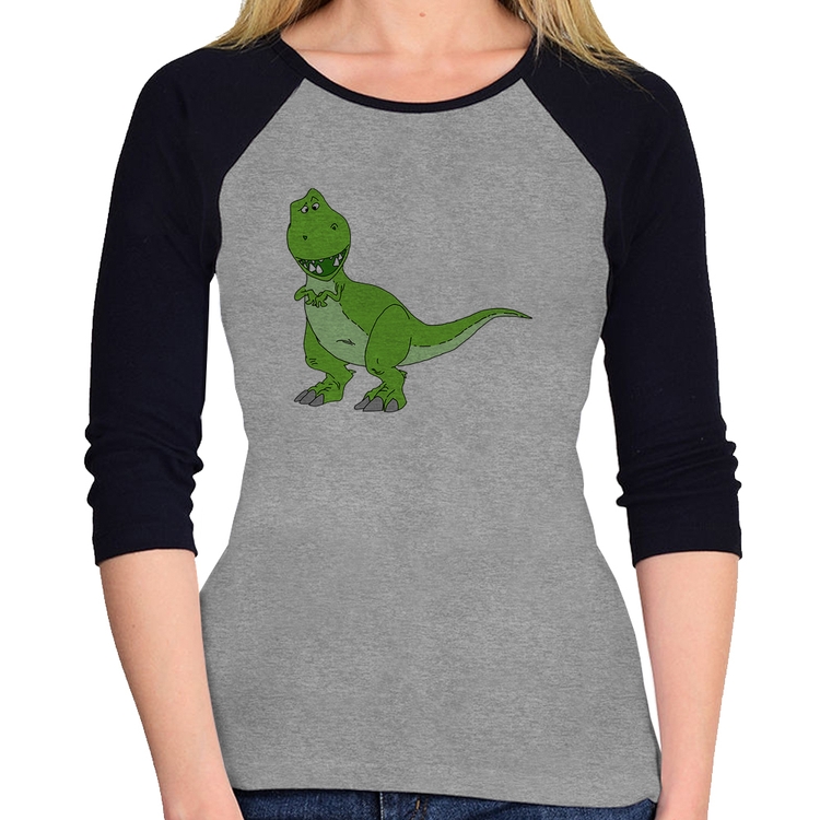 Baby Look Raglan Dinossauro Manga 3/4 - Cinza/Preto