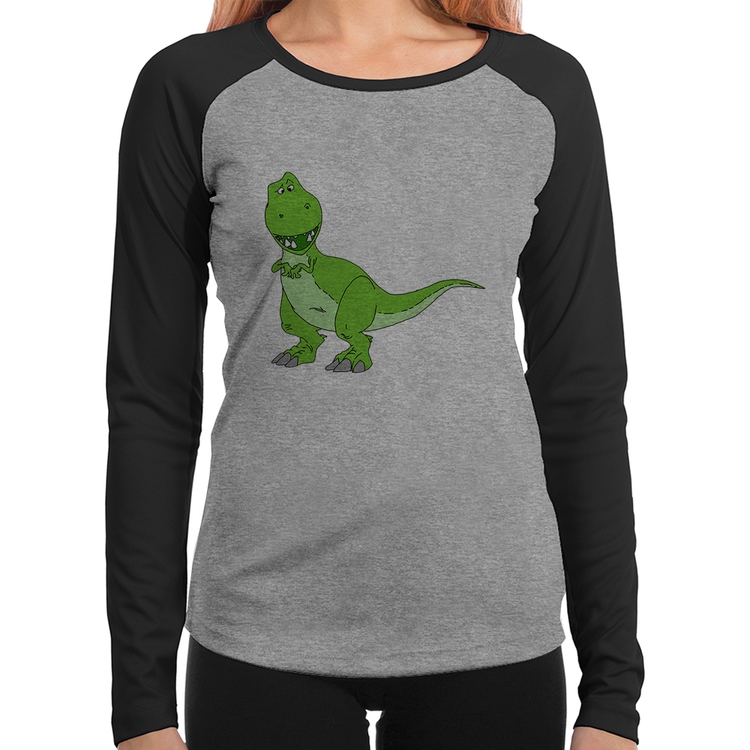 Baby Look Raglan Dinossauro Manga Longa - Cinza/Preto
