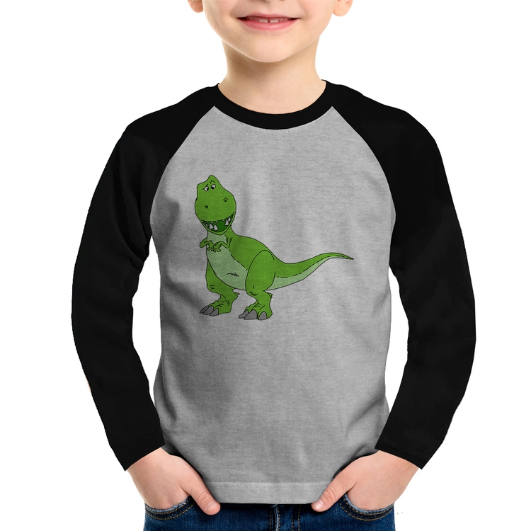 Camiseta Raglan Infantil Dinossauro Manga Longa - Cinza/Preto