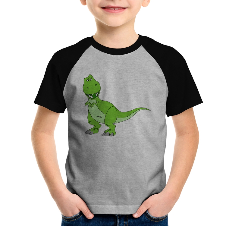 Camiseta Raglan Infantil Dinossauro - Cinza/Preto