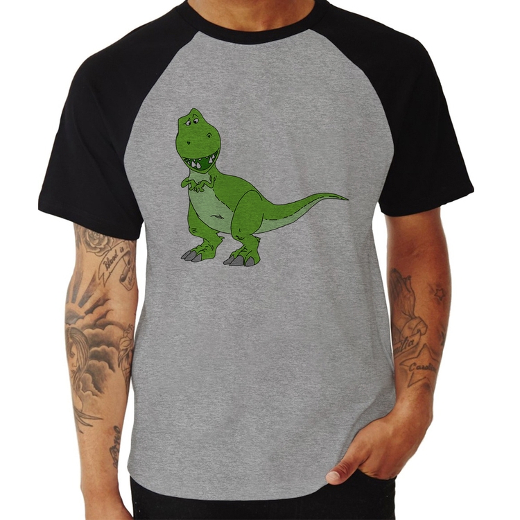 Camiseta Raglan Dinossauro - Cinza/Preto