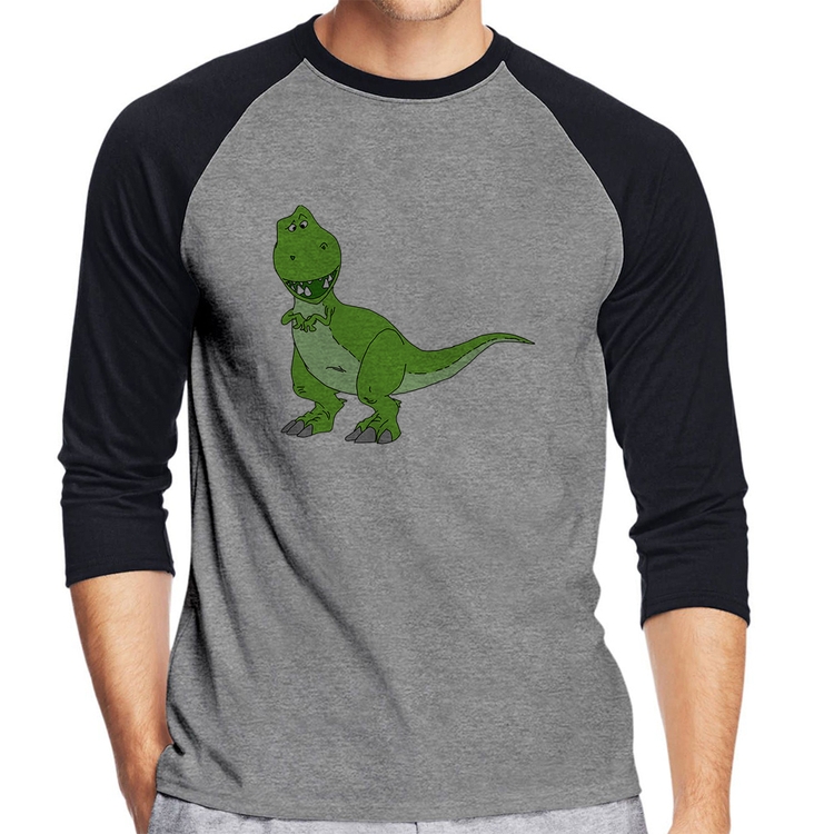 Camiseta Raglan Dinossauro Manga 3/4 - Cinza/Preto