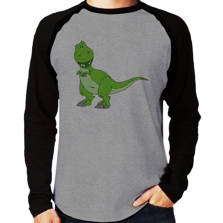 Camiseta Raglan Dinossauro Manga Longa - Cinza/Preto