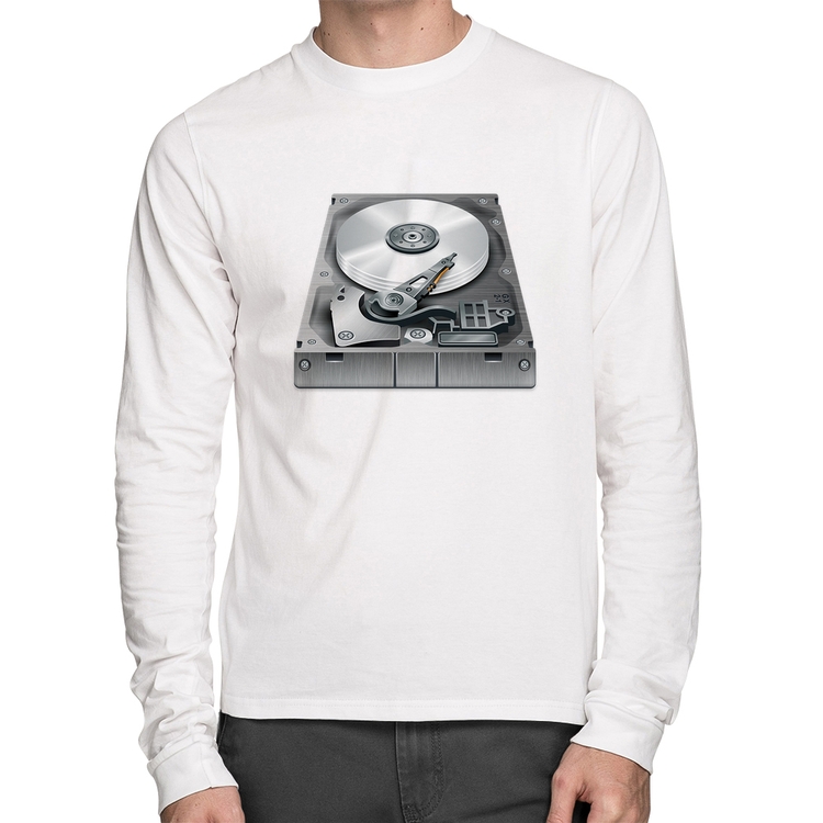 Camiseta Algodão Disco Rígido HD Manga Longa - Branca