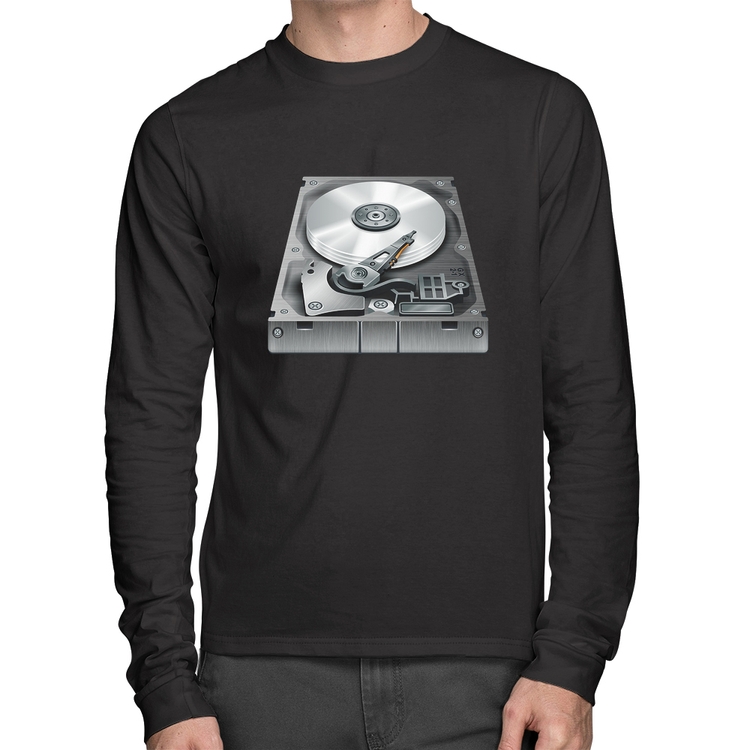 Camiseta Algodão Disco Rígido HD Manga Longa