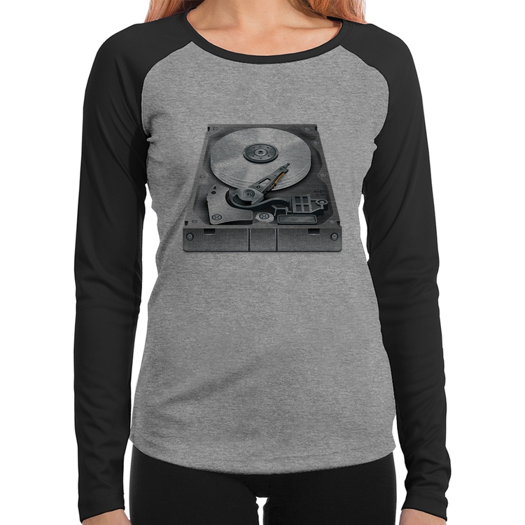 Baby Look Raglan Disco Rígido HD Manga Longa - Cinza/Preto