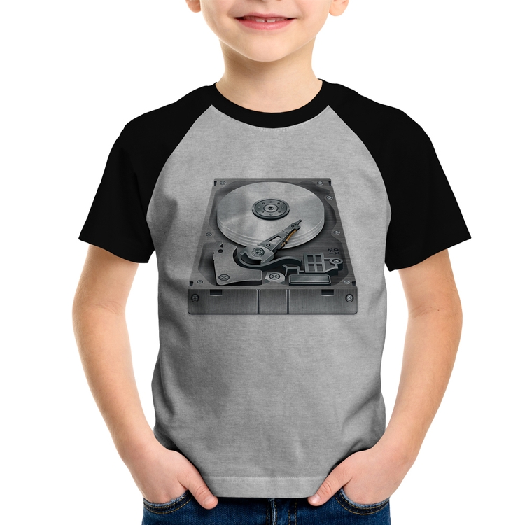 Camiseta Raglan Infantil Disco Rígido HD - Cinza/Preto