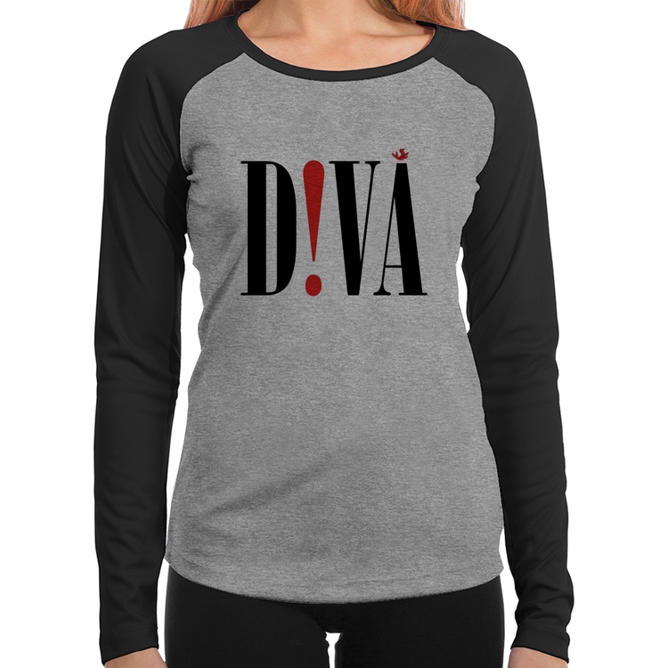 Baby Look Raglan Diva Manga Longa - Cinza/Preto