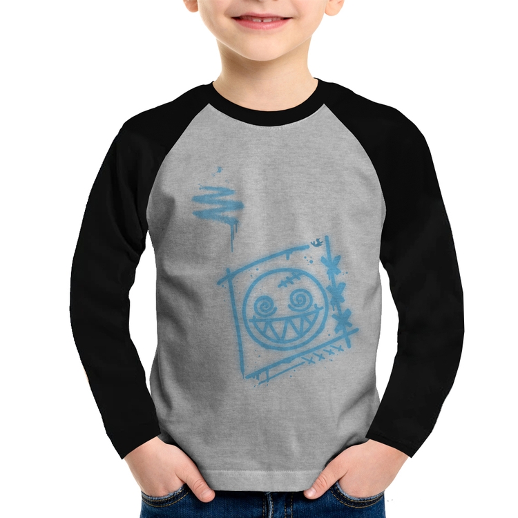 Camiseta Raglan Infantil Dizzy Eyes Madpunk co. Manga Longa - Cinza/Preto
