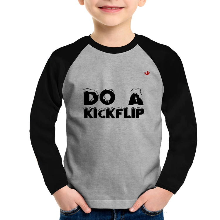 Camiseta Raglan Infantil Do a Kickflip Manga Longa - Cinza/Preto