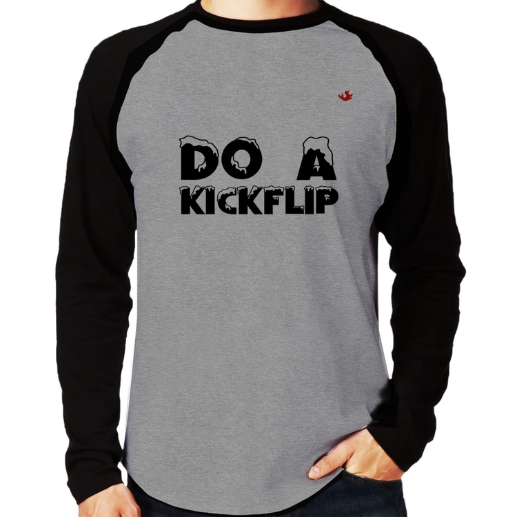 Camiseta Raglan Do a Kickflip Manga Longa - Cinza/Preto