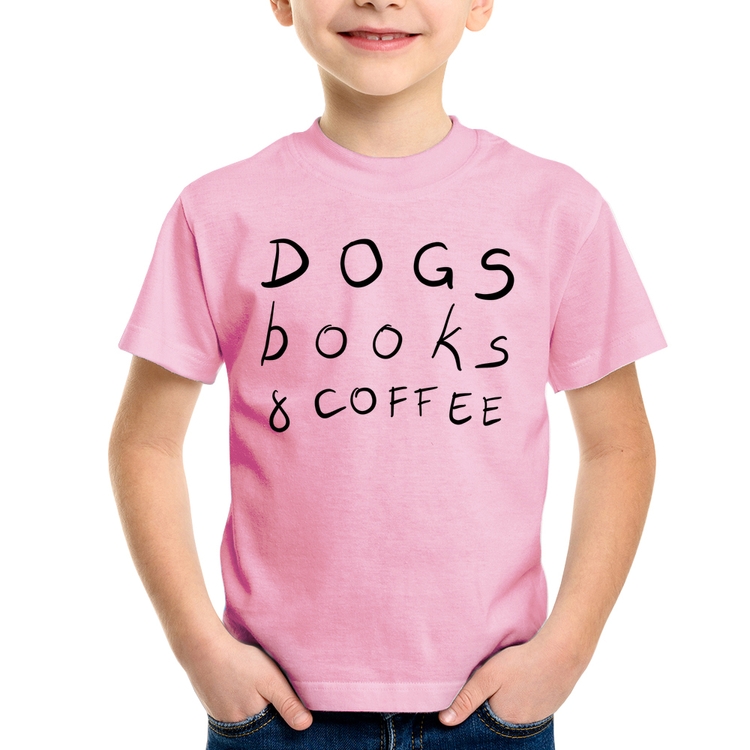 Camiseta Infantil Dogs Books and Coffee - Rosa Bebê