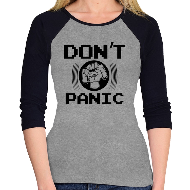 Baby Look Raglan Don't Panic Manga 3/4 - Cinza/Preto