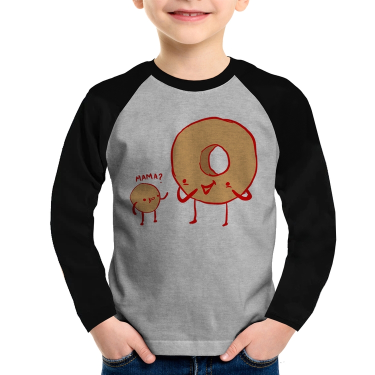 Camiseta Raglan Infantil Donuts Manga Longa - Cinza/Preto
