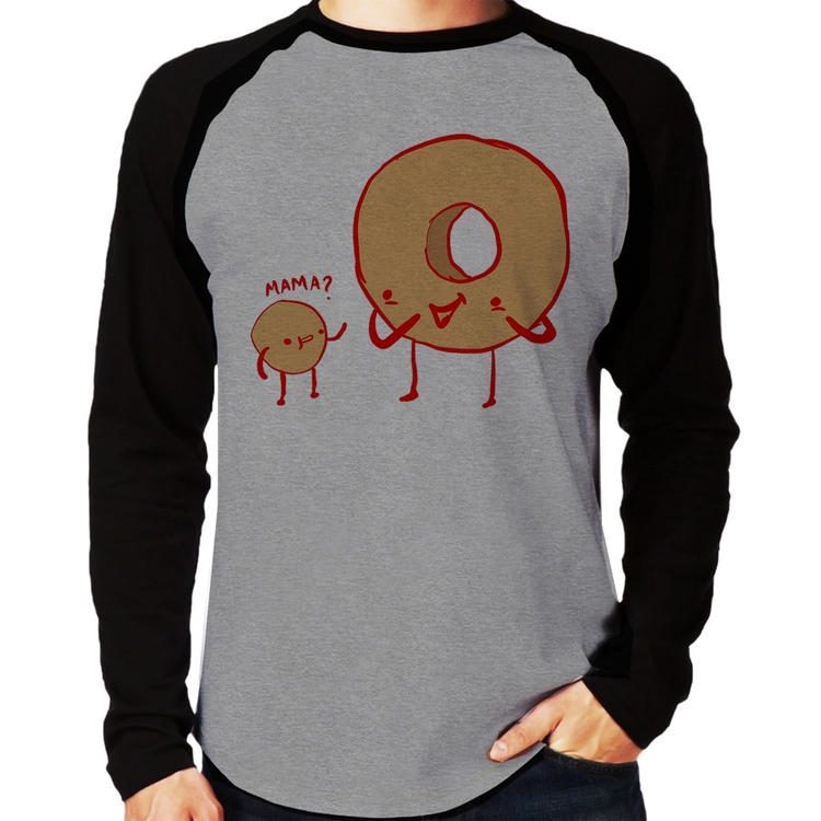 Camiseta Raglan Donuts Manga Longa - Cinza/Preto