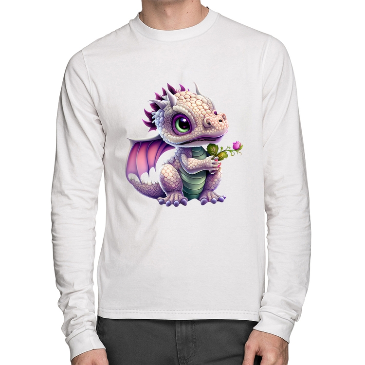 Camiseta Algodão Dragão Bebê Manga Longa - Branca