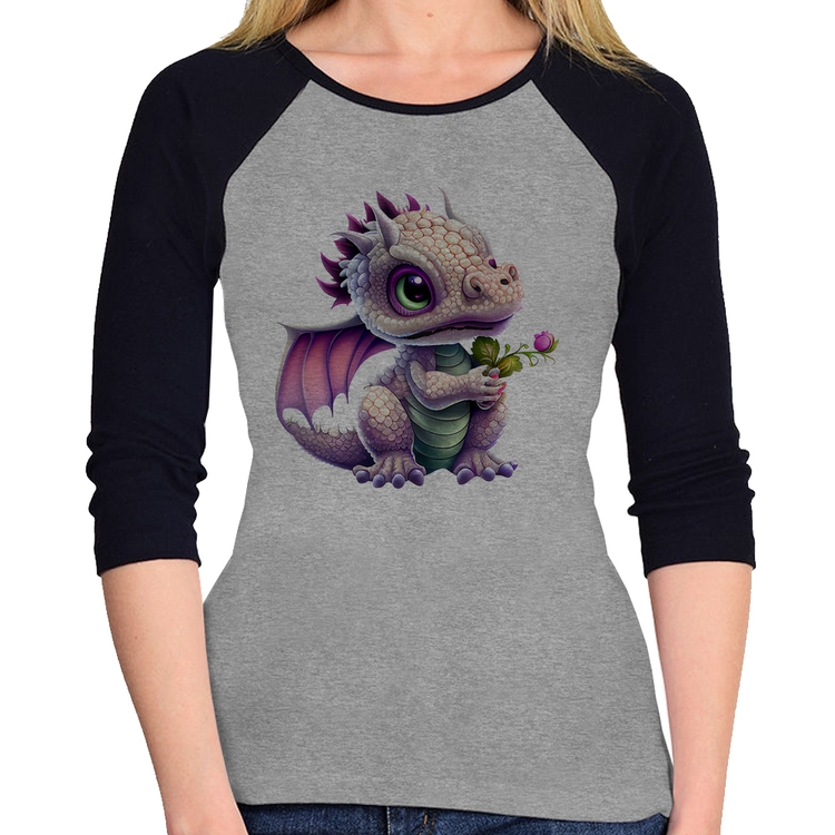 Baby Look Raglan Dragão Bebê Manga 3/4 - Cinza/Preto