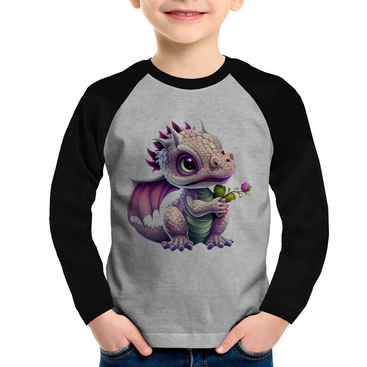 Camiseta Raglan Infantil Dragão Bebê Manga Longa - Cinza/Preto
