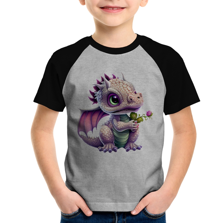 Camiseta Raglan Infantil Dragão Bebê - Cinza/Preto