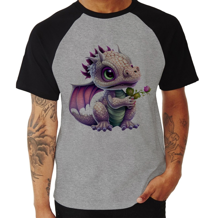 Camiseta Raglan Dragão Bebê - Cinza/Preto