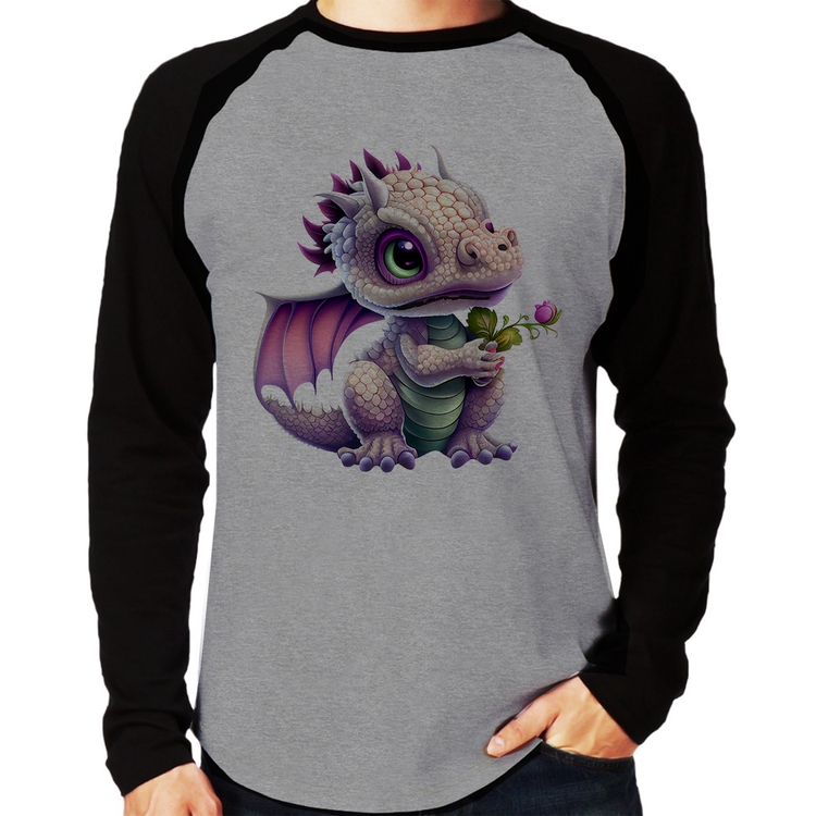 Camiseta Raglan Dragão Bebê Manga Longa - Cinza/Preto