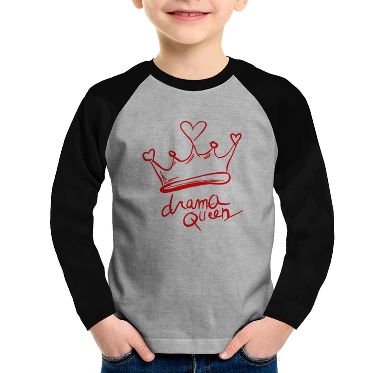 Camiseta Raglan Infantil Drama Queen Manga Longa - Cinza/Preto