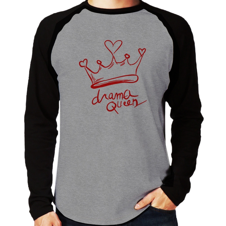 Camiseta Raglan Drama Queen Manga Longa - Cinza/Preto