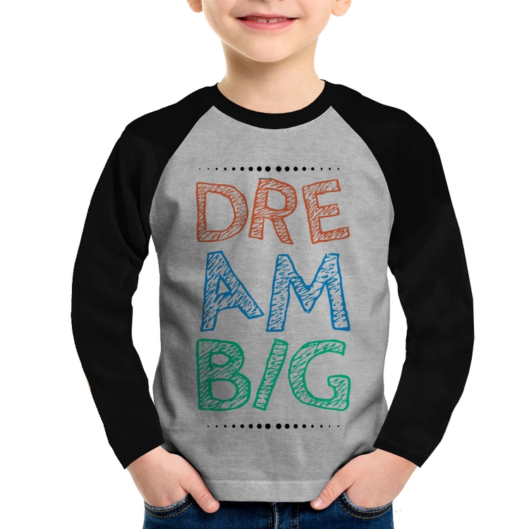 Camiseta Raglan Infantil Dream Big Manga Longa - Cinza/Preto