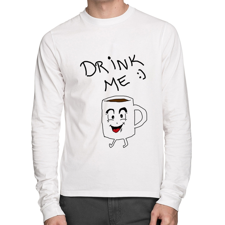 Camiseta Algodão Drink Me Manga Longa - Branca