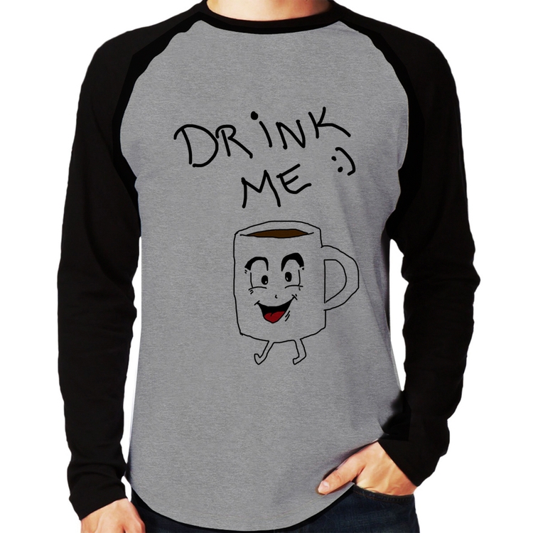 Camiseta Raglan Drink Me Manga Longa - Cinza/Preto