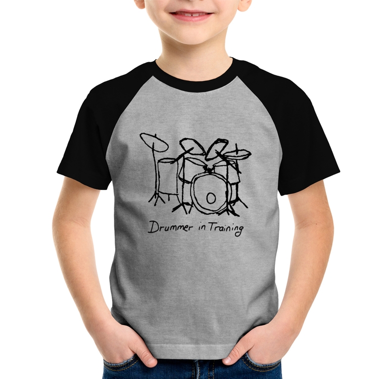 Camiseta Raglan Infantil Drummer in Training - Cinza/Preto