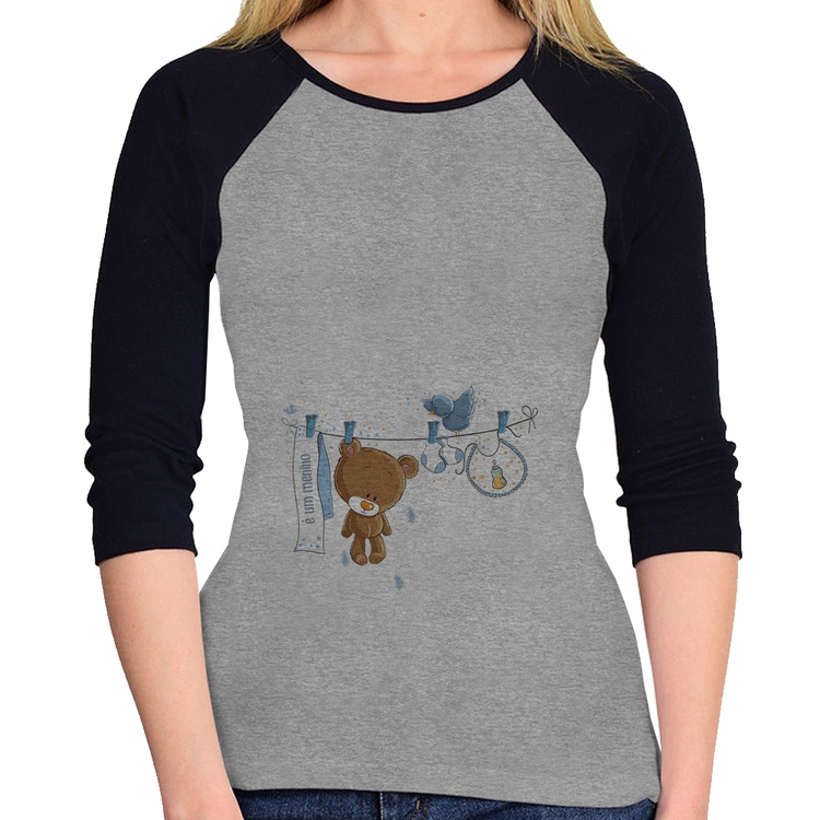 Baby Look Raglan É um menino Manga 3/4 - Cinza/Preto