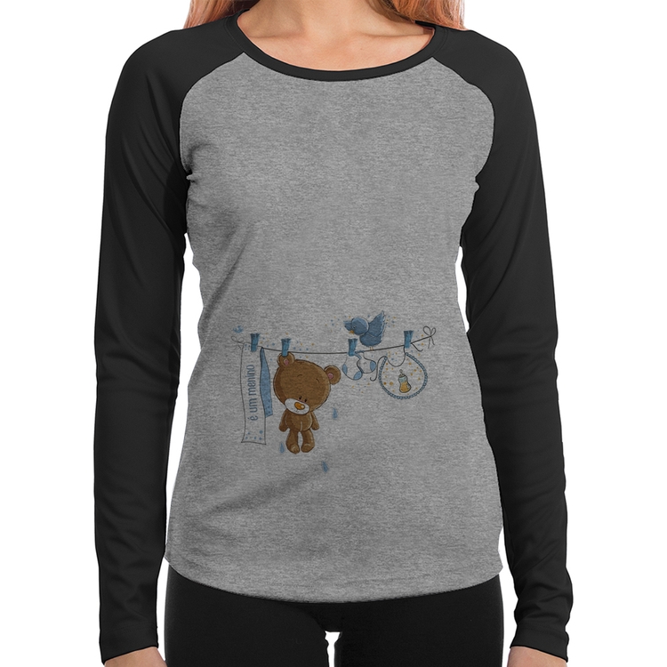 Baby Look Raglan É um menino Manga Longa - Cinza/Preto