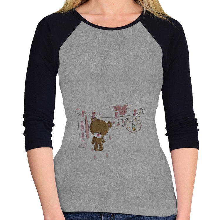 Baby Look Raglan É uma menina Manga 3/4 - Cinza/Preto