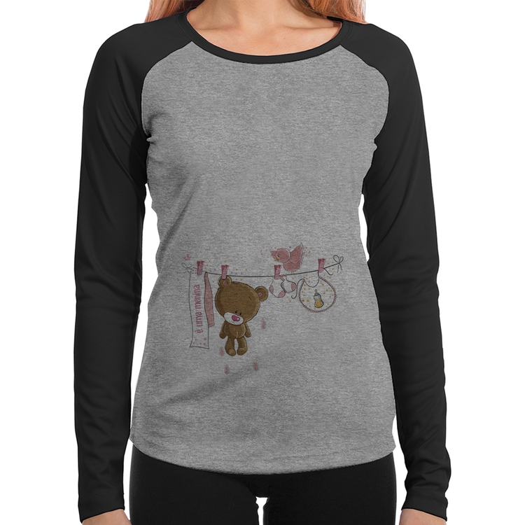 Baby Look Raglan É uma menina Manga Longa - Cinza/Preto